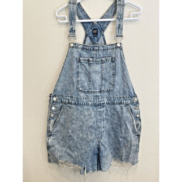 VTG Y2K Gap Short Overalls Womens XL Medium Wash Raw Hem Shortalls Summer Blue - Picture 1 of 8